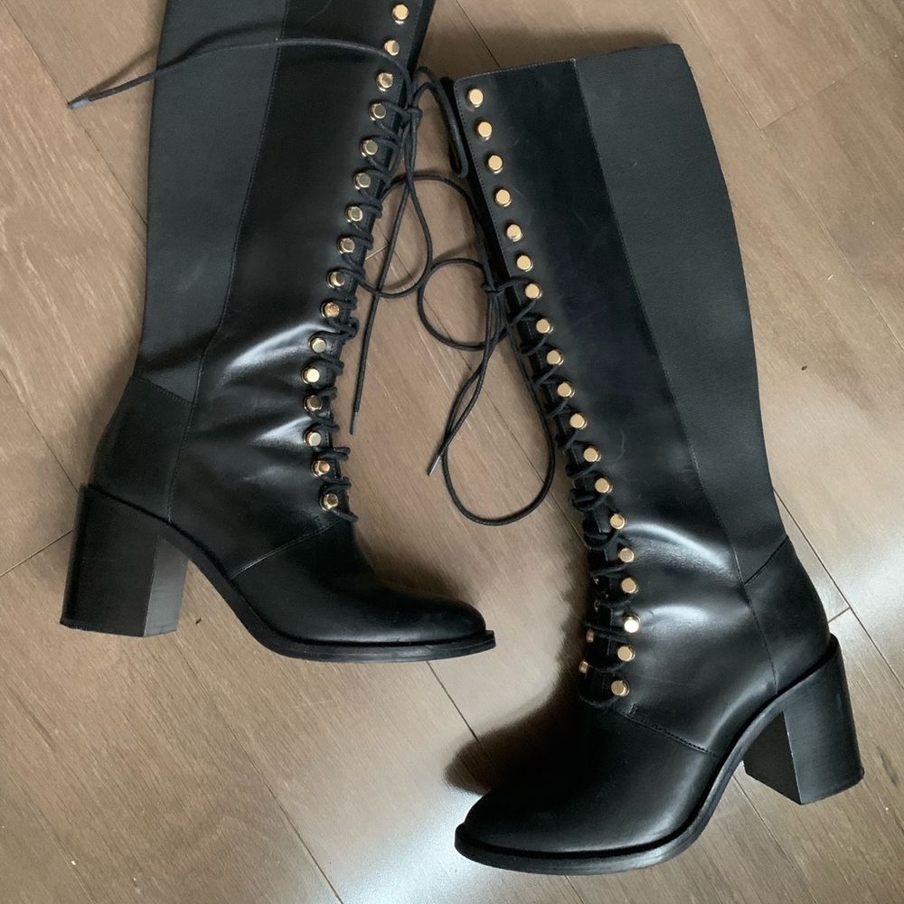 & Other Stories Black Lace-Up Knee Boots with Gold Eyelets
